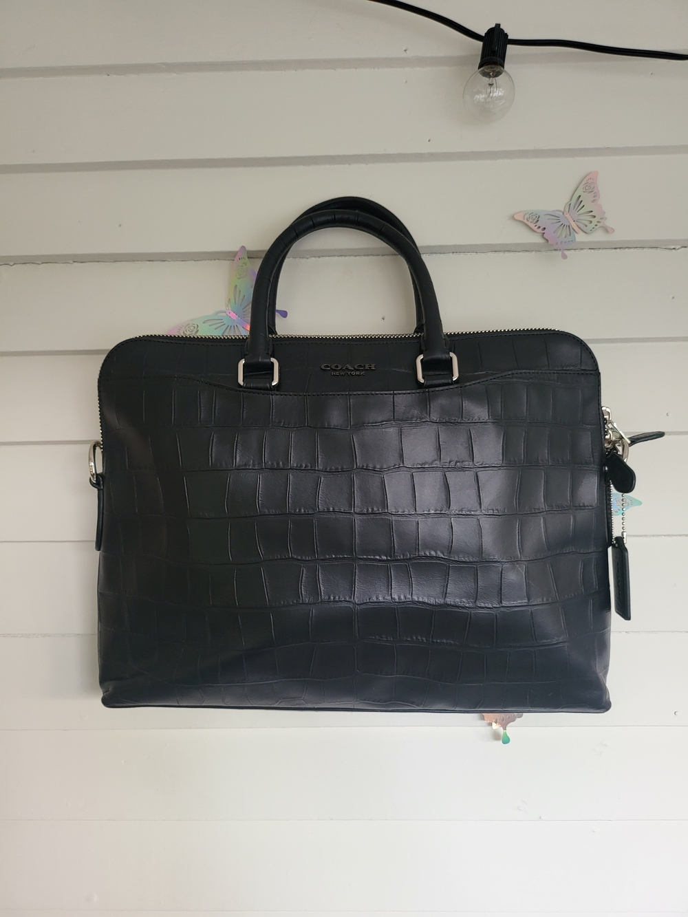 Coach Black Croc-Embossed Leather Briefcase with Top Handles - Picture 2 of 5